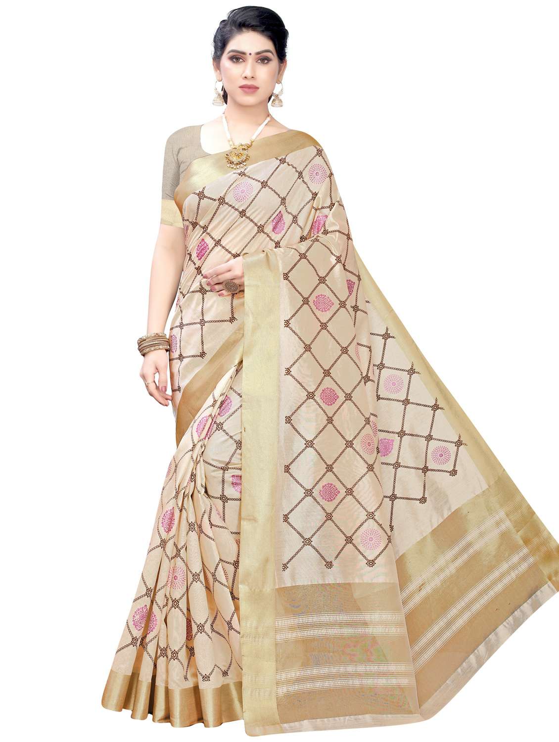 beige printed cotton saree with blouse