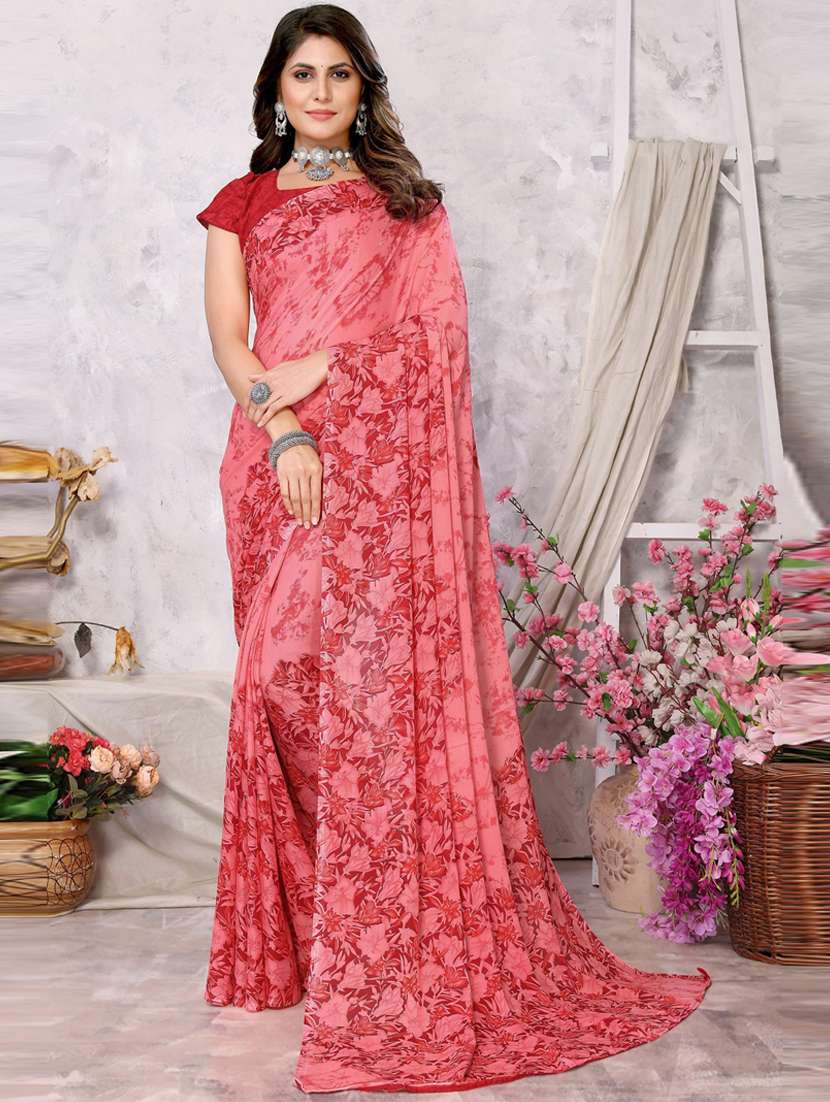 women pink floral printed saree with blouse