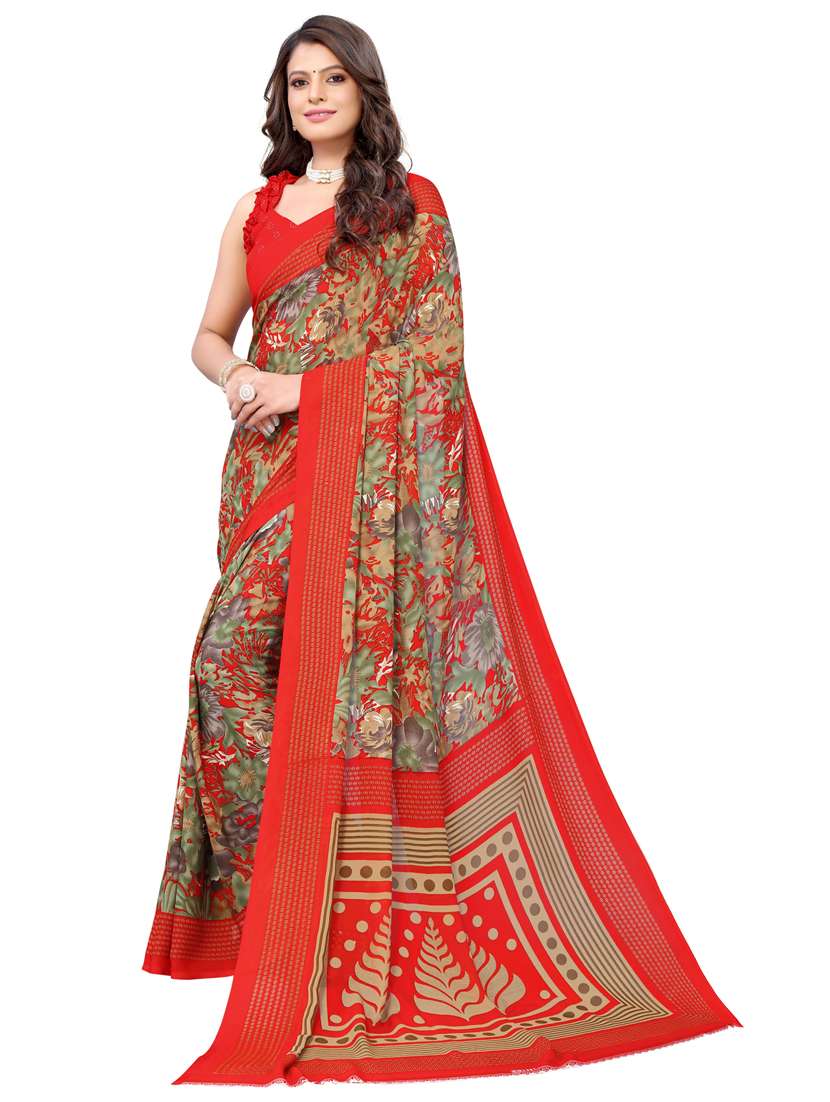 women red floral printed saree with blouse
