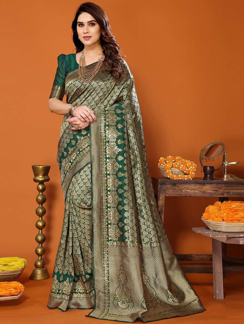 green silk blend kanjivaram saree with blouse