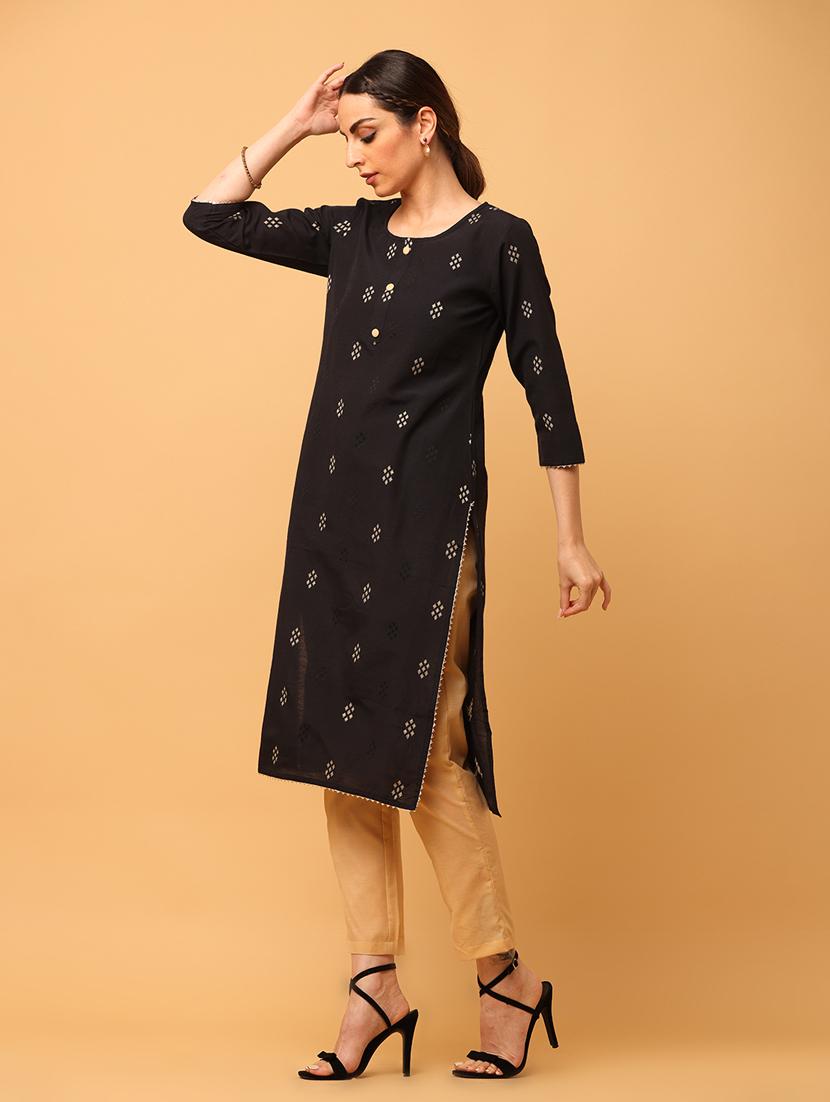 women black round neck straight kurta - 20878533 - Standard Image - 2