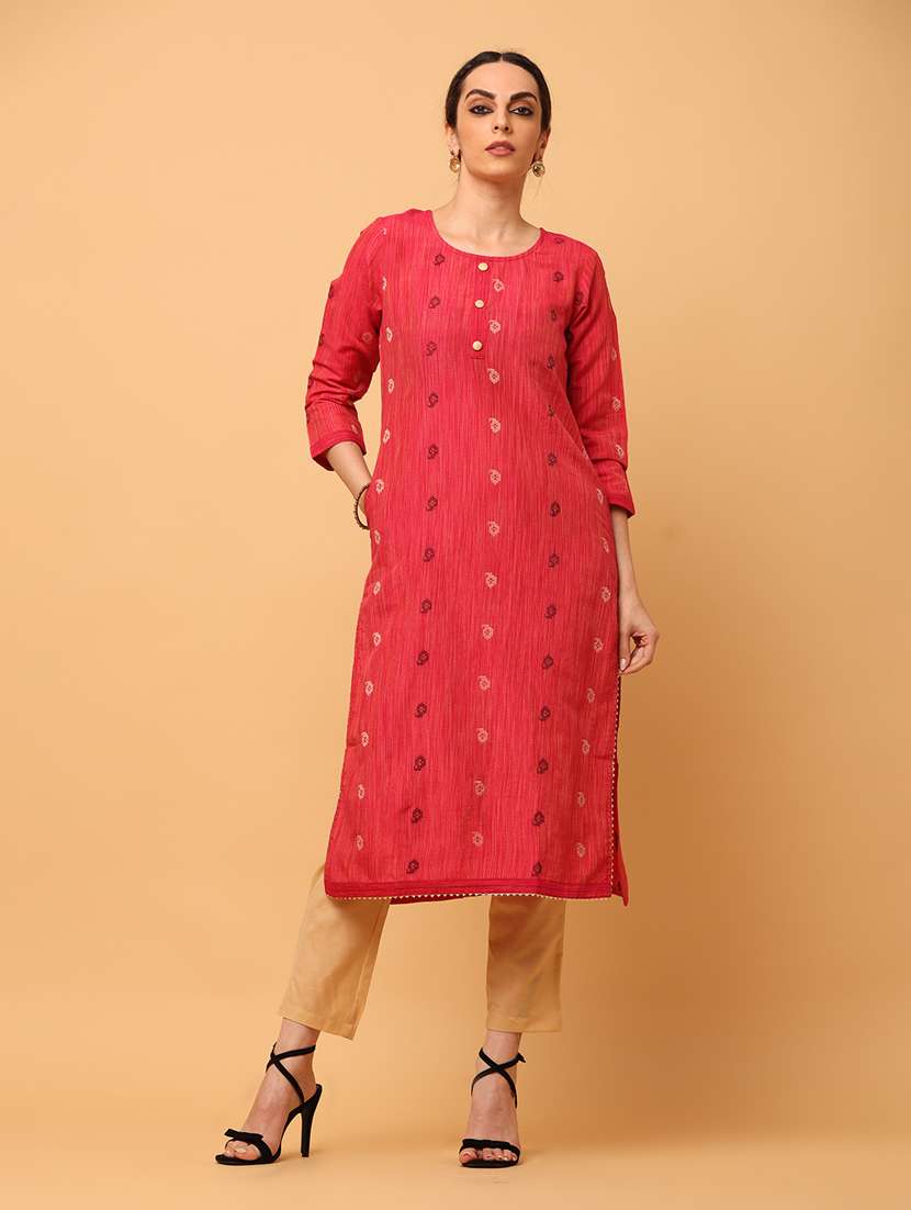 women red round neck straight kurta