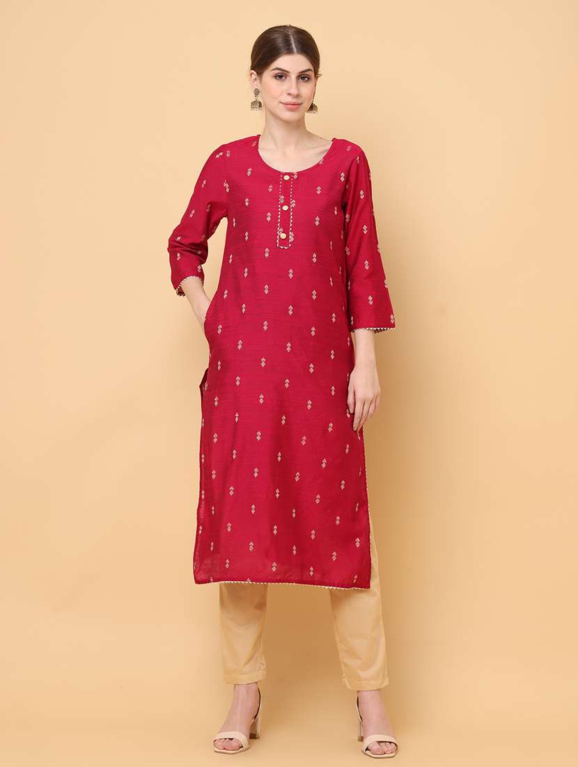 women pink round neck straight kurta