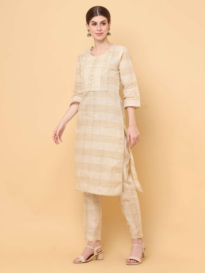women beige round neck a-line kurta