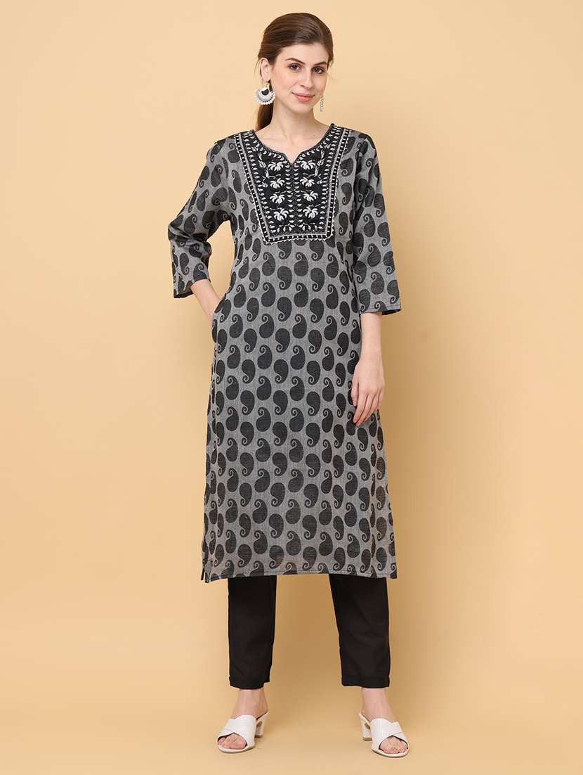 women grey notch neck straight kurta
