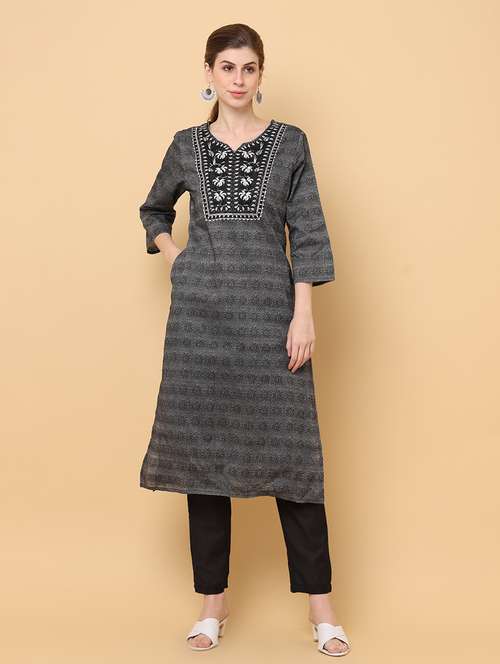 women grey notch neck straight kurta - 20878561 -  Standard Image - 0