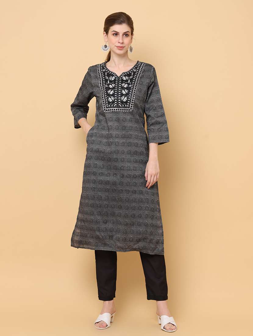 women grey notch neck straight kurta