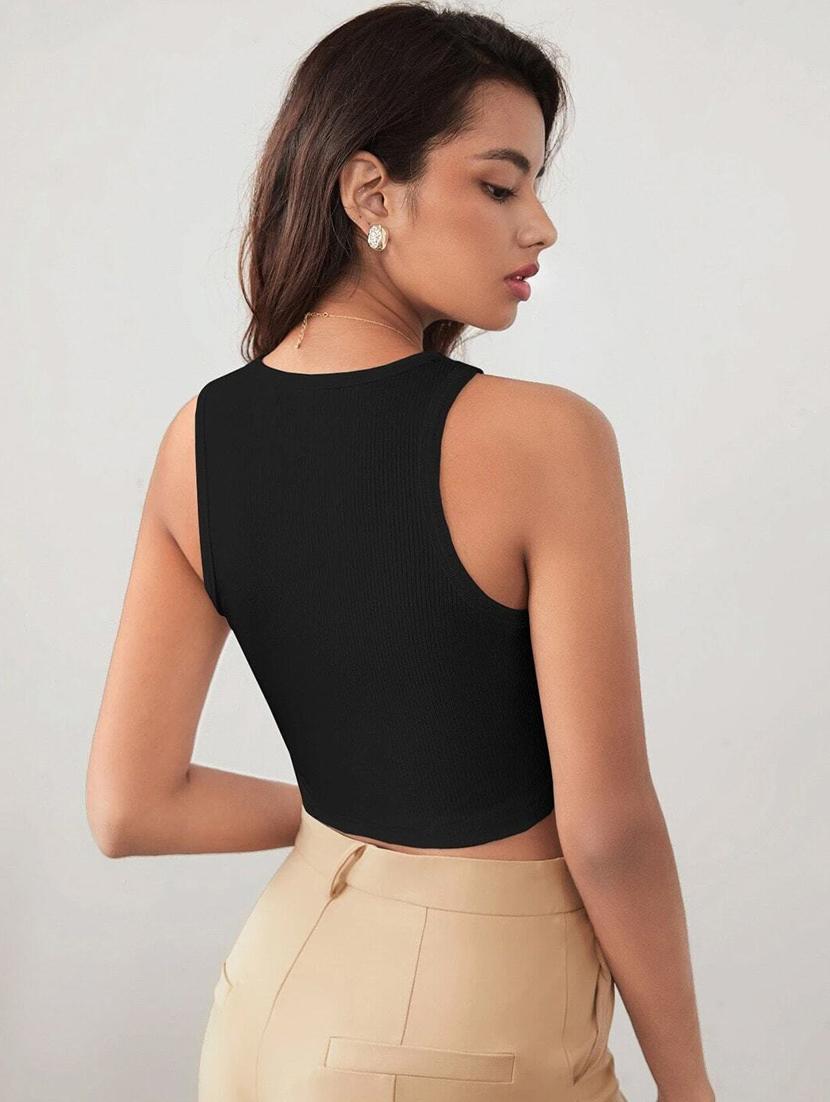 women black solid sleeveless crop top - 20878641 - Standard Image - 2