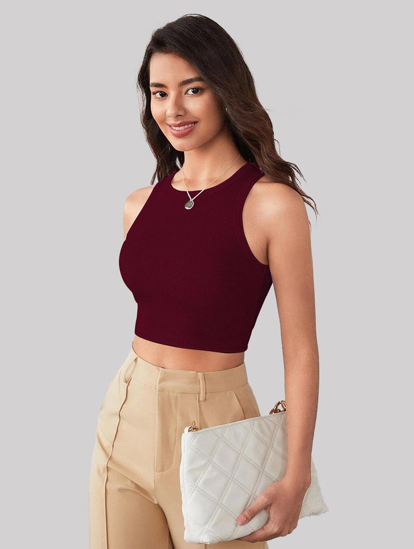 maroon cotton blend crop top - 20878642 - Standard Image - 2