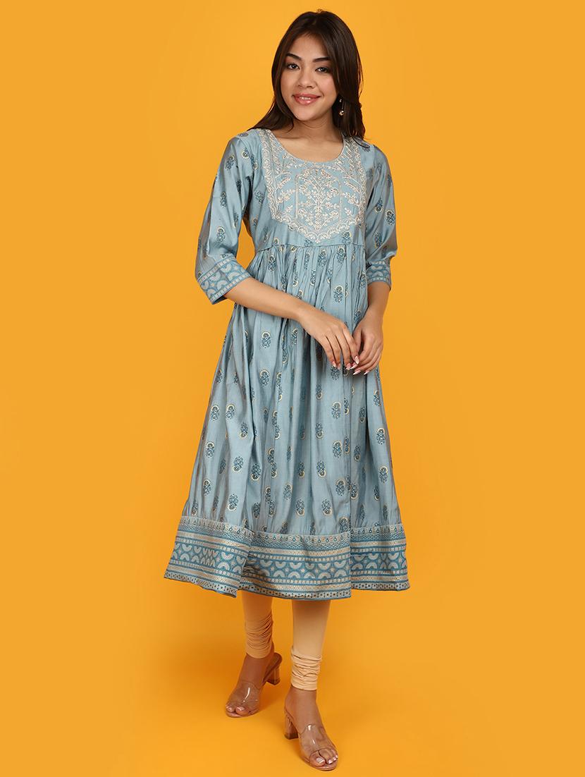 women light blue round neck flared kurta - 20879156 - Zoom Image - 0