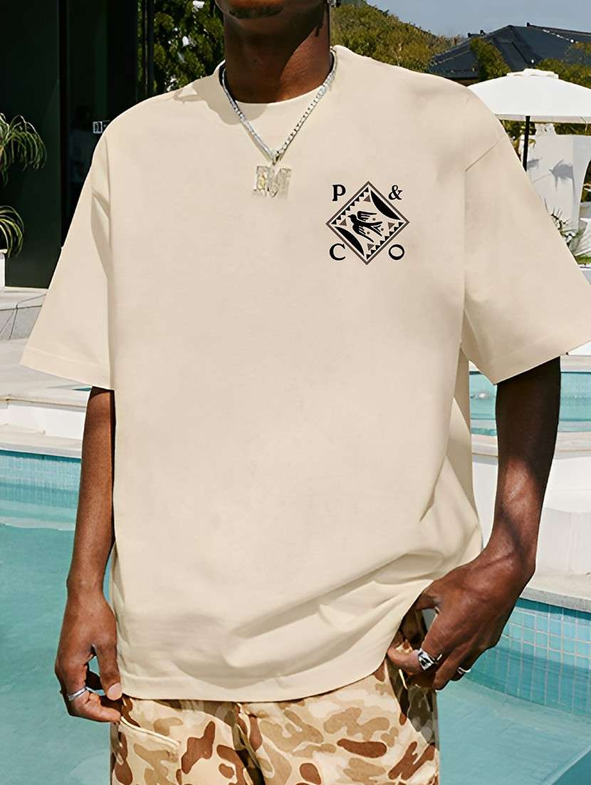 beige cotton blend back print t-shirt