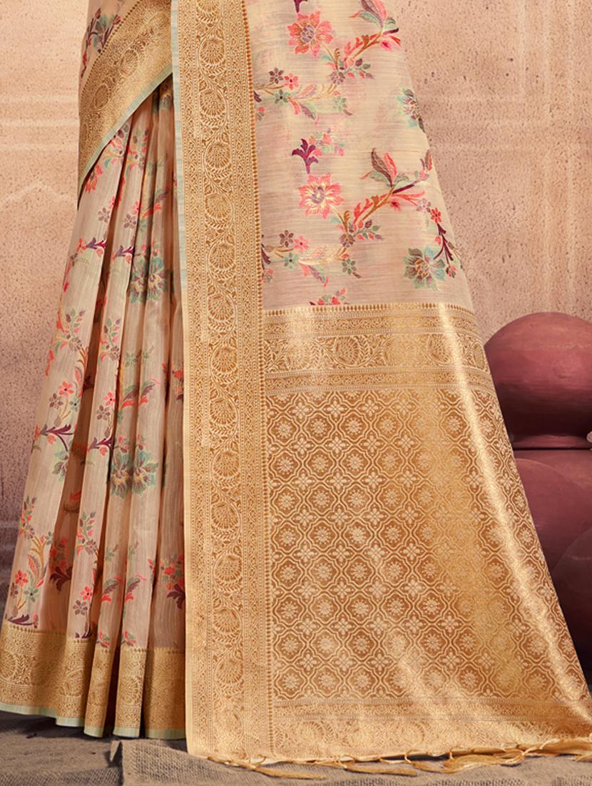 women beige floral print zari bordered saree with blouse - 20879555 - Standard Image - 2