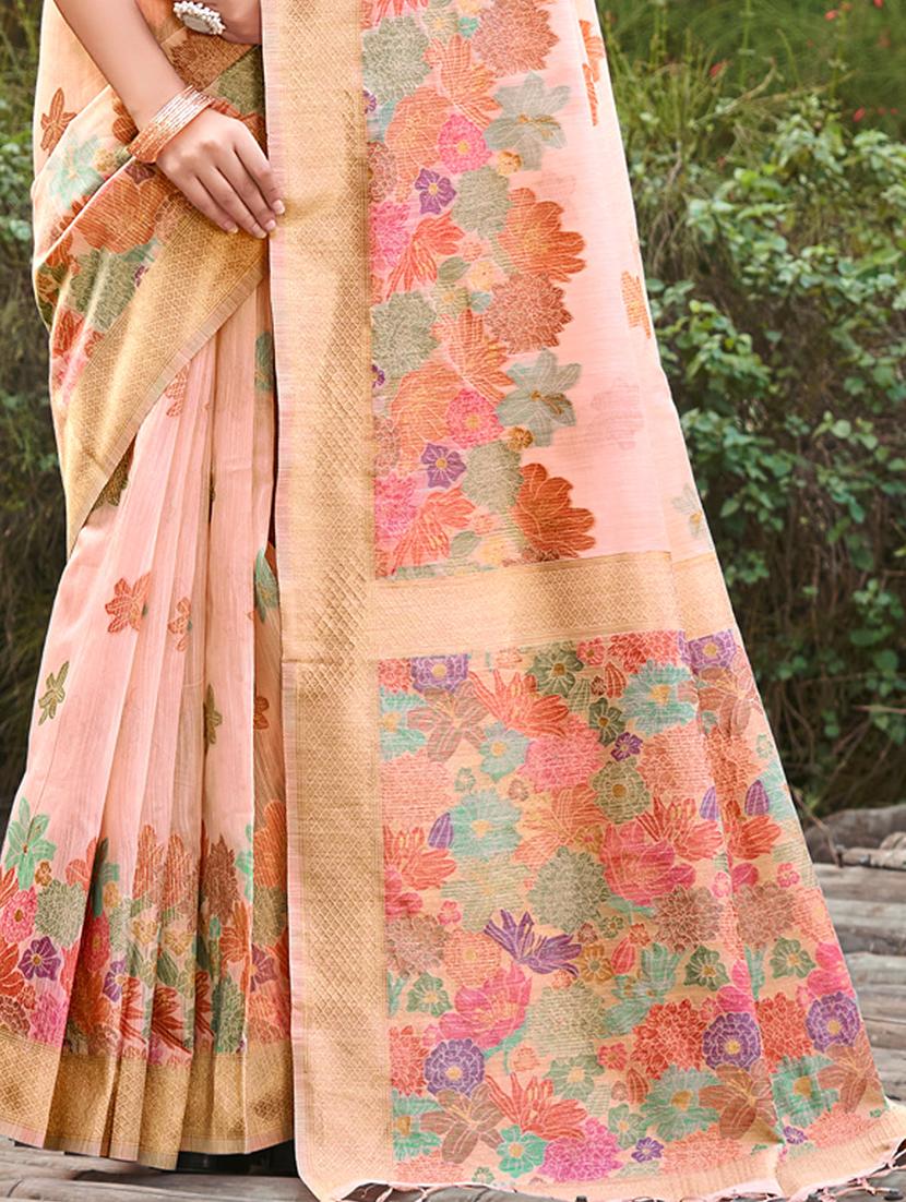 women peach floral print zari bordered saree with blouse - 20879564 - Standard Image - 2