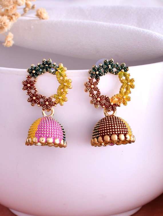 multi color contemporary jhumka earrings