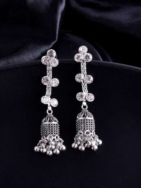 studded oxidised silver plated contemporary drop earrings