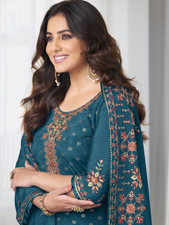 teal chiffon semistitched suit - 20882199 - Standard Image - 2