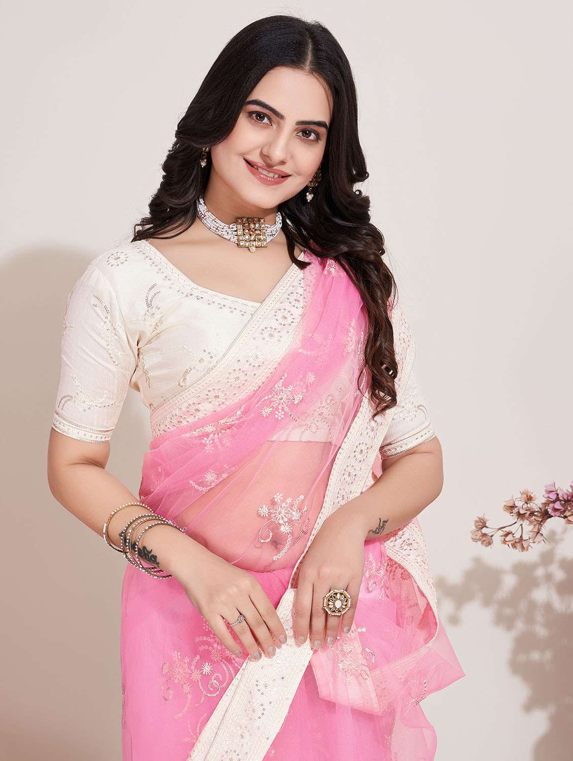 pink net embroidered saree with blouse - 20882369 -  Standard Image - 2