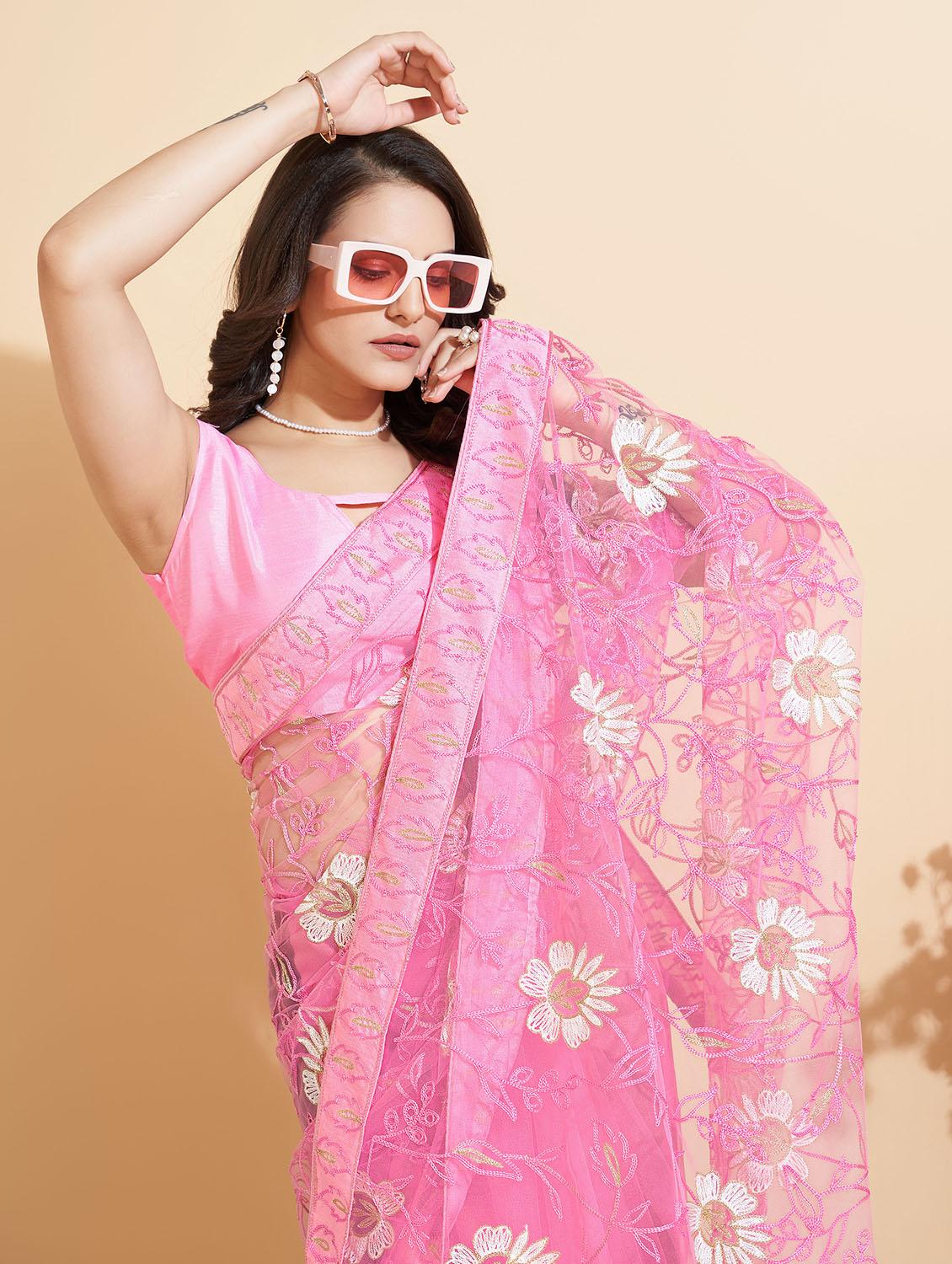 pink net embroidered saree with blouse - 20882394 - Standard Image - 2