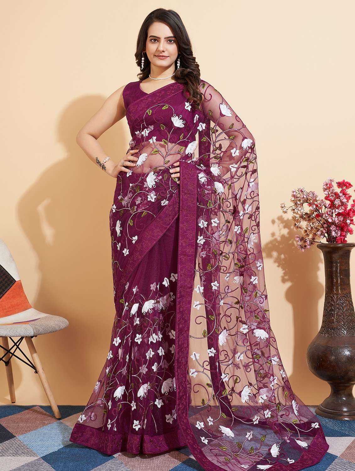 purple net embroidered saree with blouse