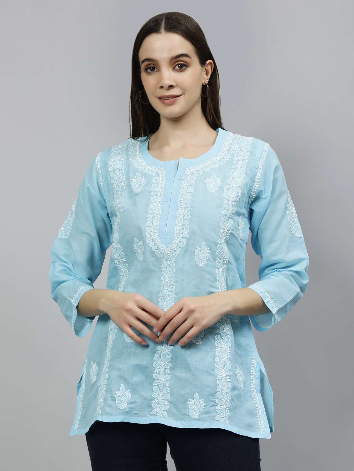 elegant sky blue embroidered cotton straight kurti - 20884759 - Zoom Image - 0