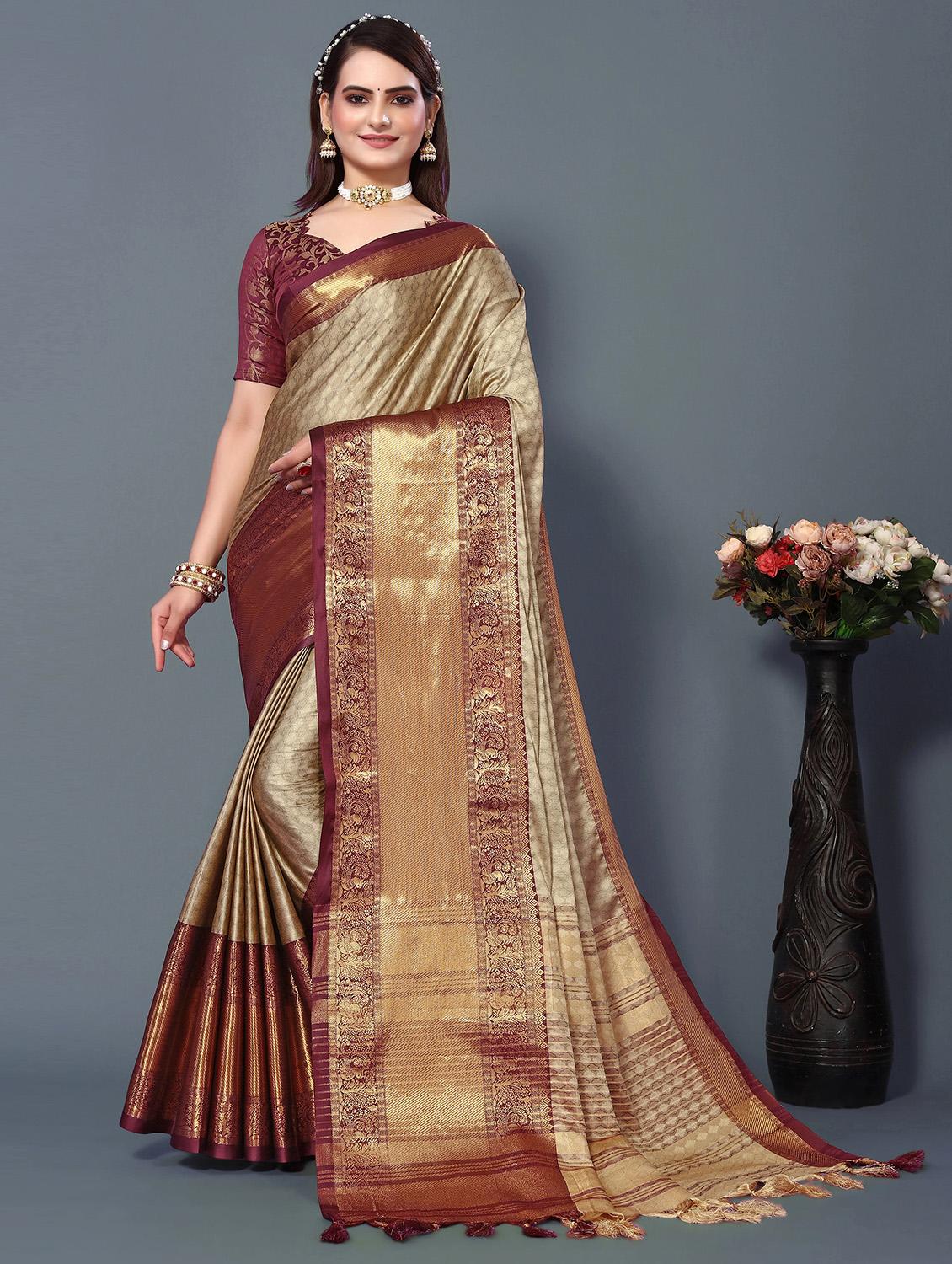women beige self design dharmavaram saree with blouse - 20884785 - Zoom Image - 0