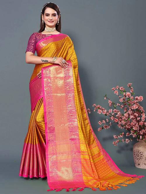 women mustard self design dharmavaram saree with blouse - 20884793 - Standard Image - 0