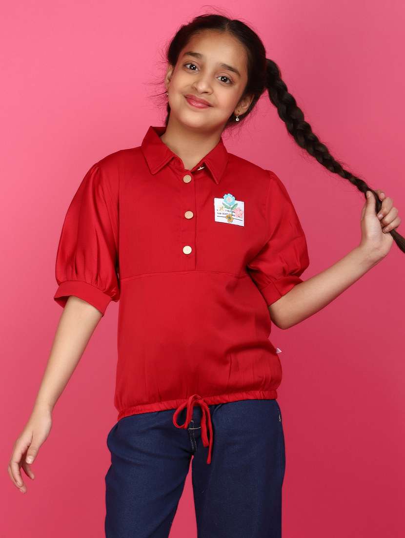 girls solid red detailed casual top
