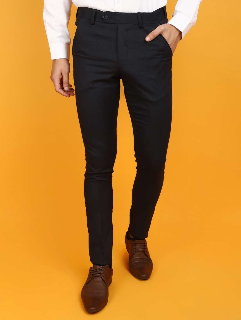 men solid navy blue formal trouser