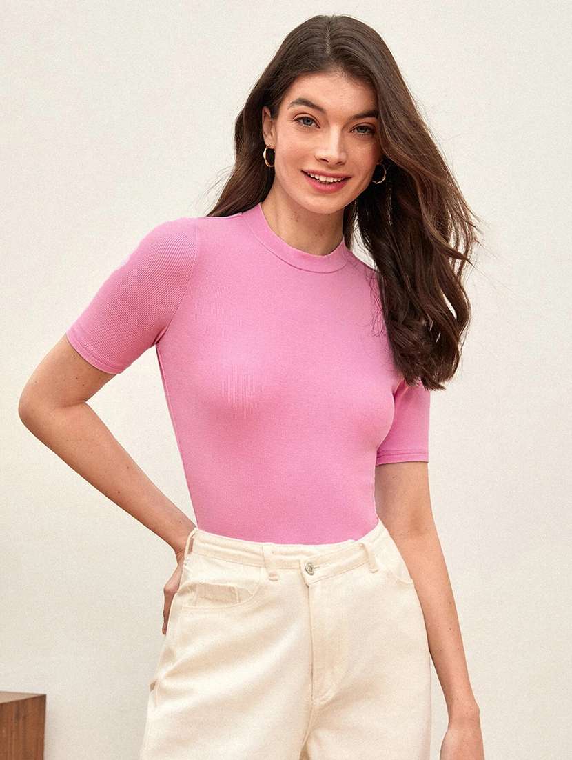 women solid crew neck top