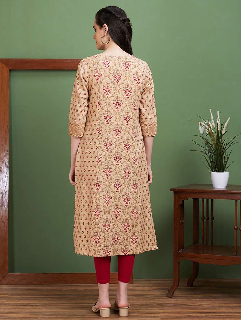 globus women beige ethnic motifs side slits panelled straight kurta - 20885387 - Standard Image - 2