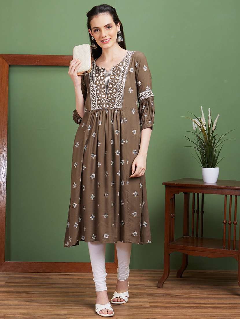 women brown notch neck a-line kurta