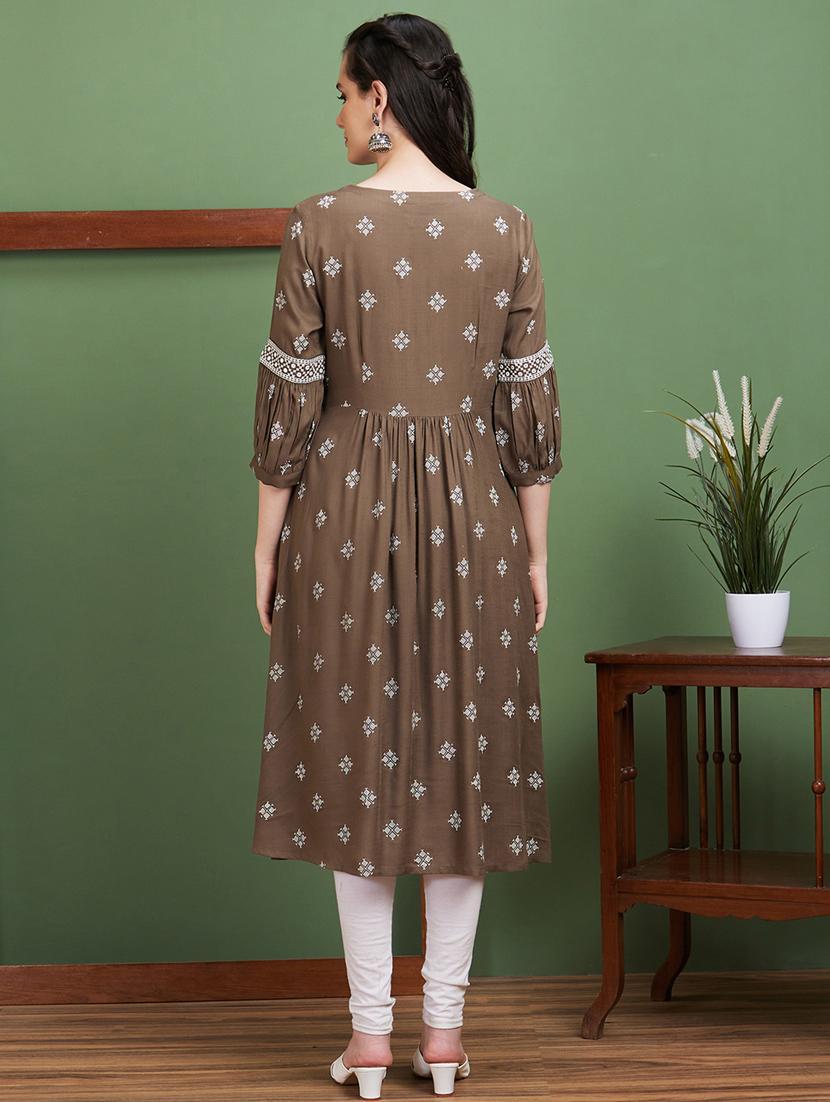 women brown notch neck a-line kurta - 20885390 - Standard Image - 2