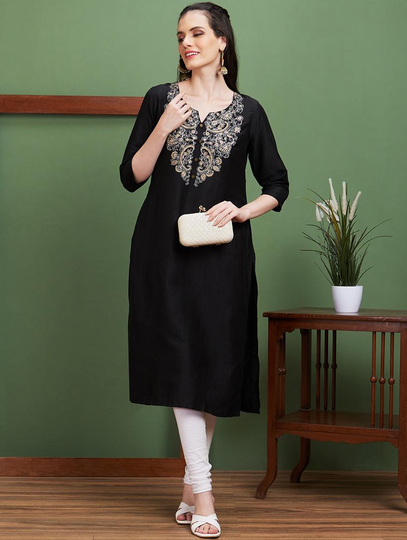 women black notch neck straight kurta - 20885393 -  Zoom Image - 0