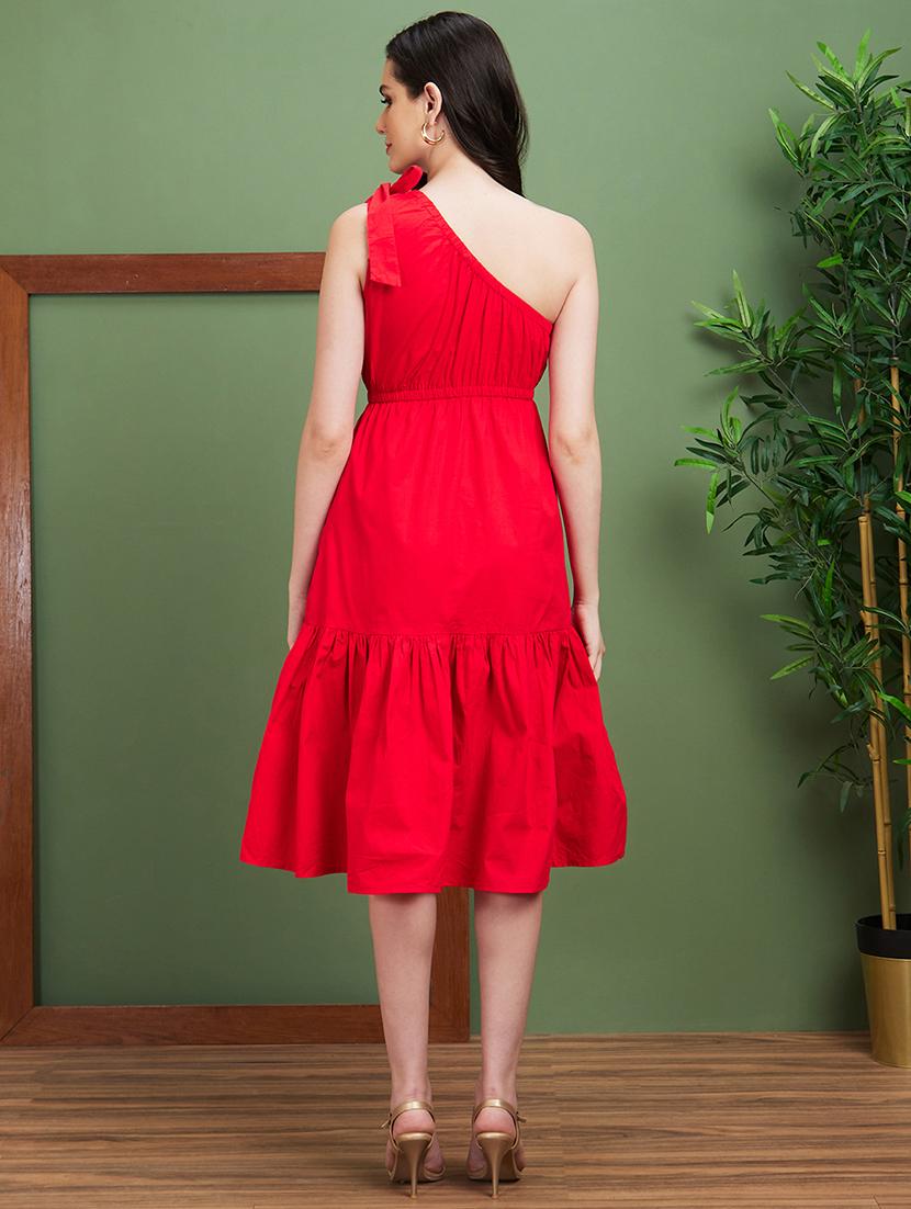 globus women red one shoulder tie-up fit & flare midi party dress - 20885397 - Standard Image - 2