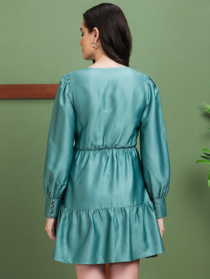 globus women green satin wrap v-neck cuff sleeves party dress - 20885403 - Standard Image - 2