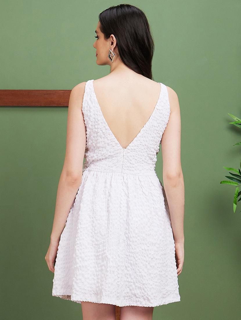 globus women white structured fabric boat neck with stylised back gathered fit & flare party dress - 20885406 - Standard Image - 2