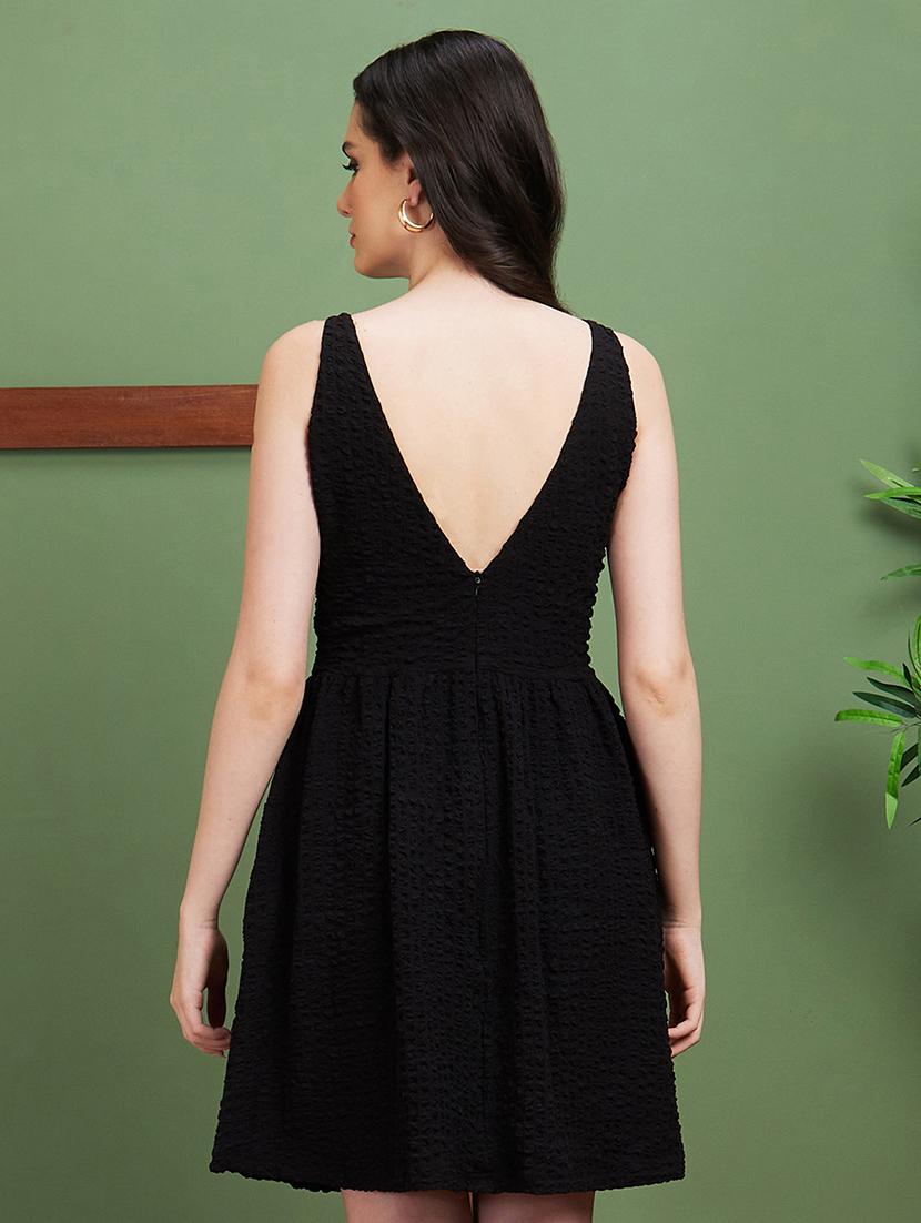 globus women black structured fabric boat neck with stylised back gathered fit & flare party dress - 20885407 - Standard Image - 2