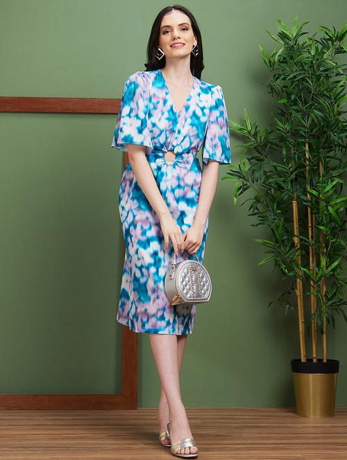 globus women multi blue printed v-neck slim fit bodycon party dress - 20885414 -  Standard Image - 0