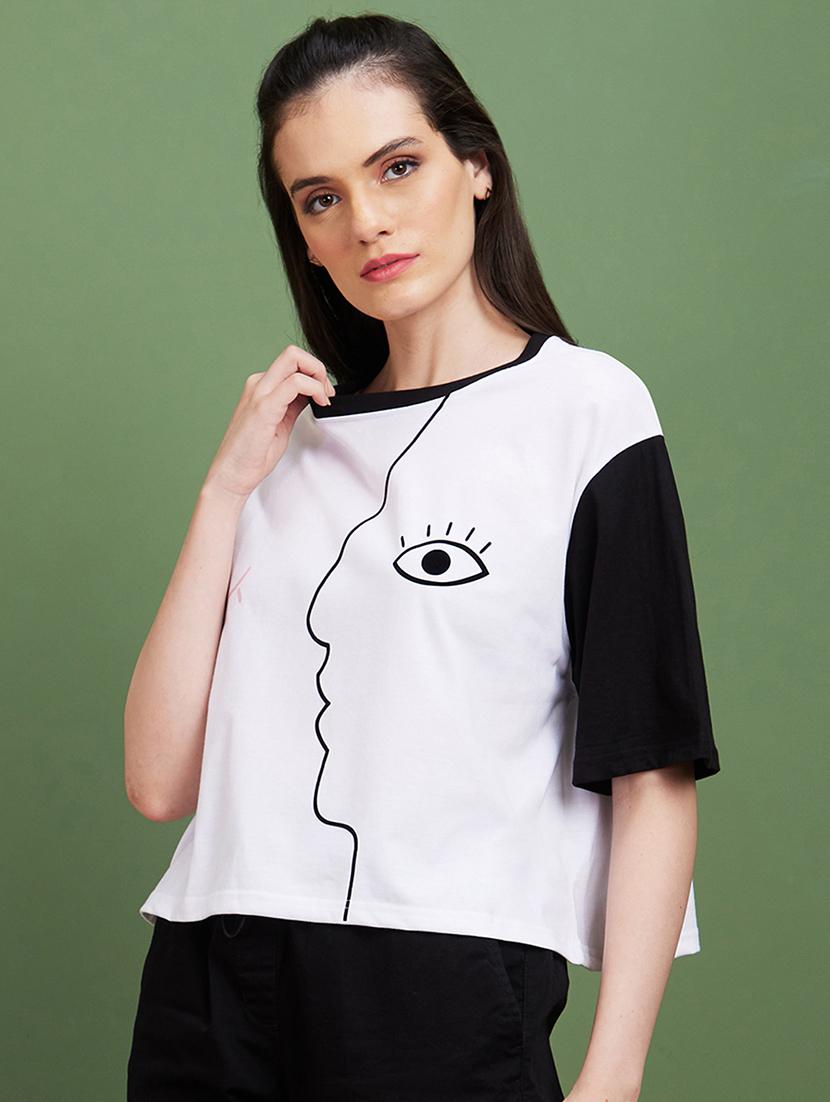 globus women white graphic print drop shoulder boxy fit t-shirt - 20885420 - Zoom Image - 0