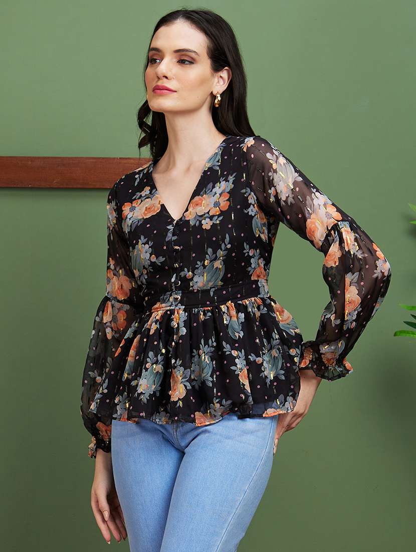 globus women black floral print polyester v-neck casual peplum top - 20885422 -  Standard Image - 2