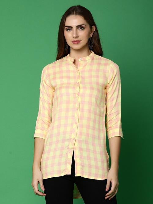 women mandarin neck checks high-low top - 20890709 - Standard Image - 0