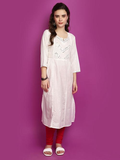 women white notch neck mirror work a-line kurta - 20891303 - Standard Image - 0