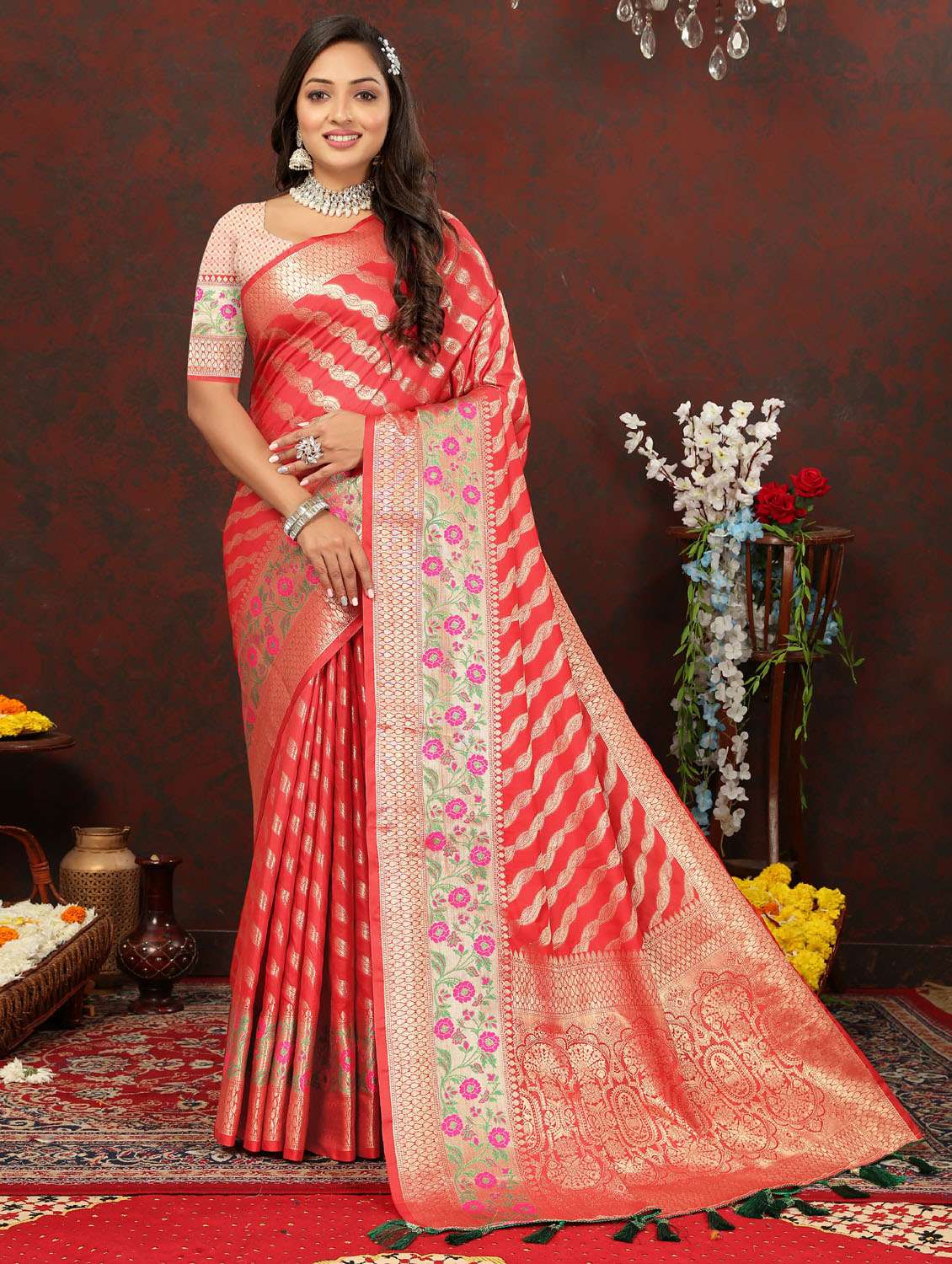 Women Red Self Design Banarasi Saree