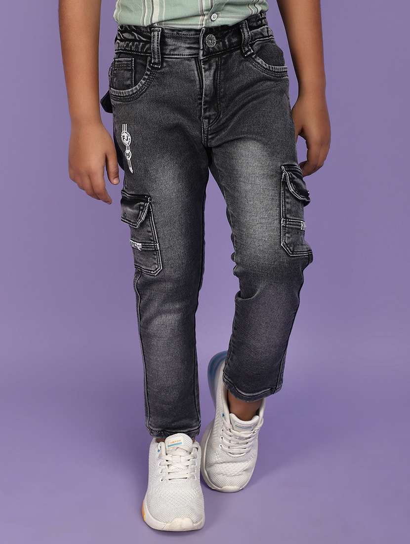solid grey washed detailed cargo jeans
