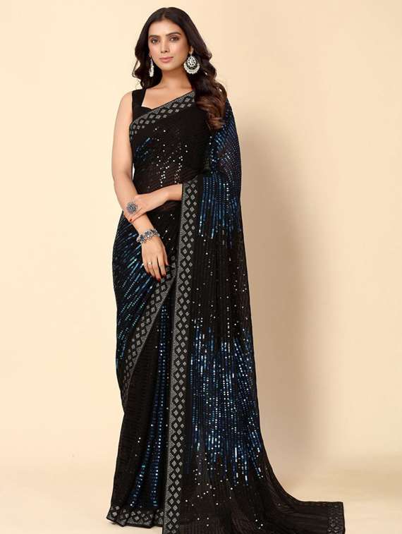 women blue sequin work georgette saree with blouse