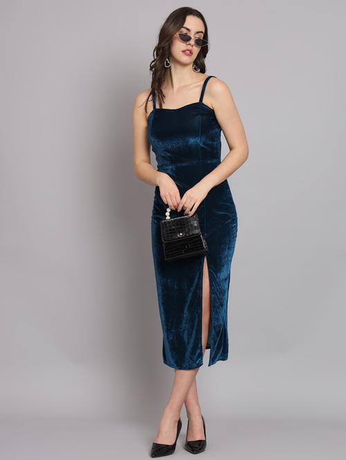 solid blue velvet high slit detailed dress - 20894846 - Standard Image - 0
