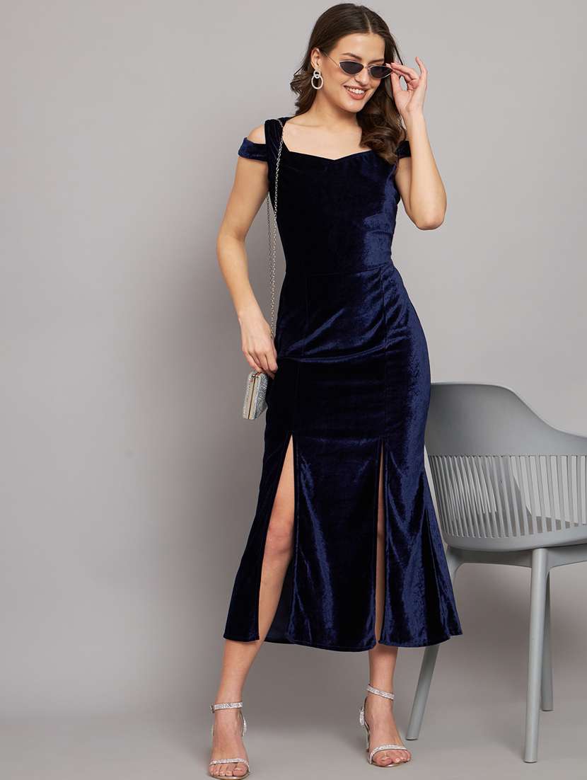 solid blue velvet slit detailed maxi dress