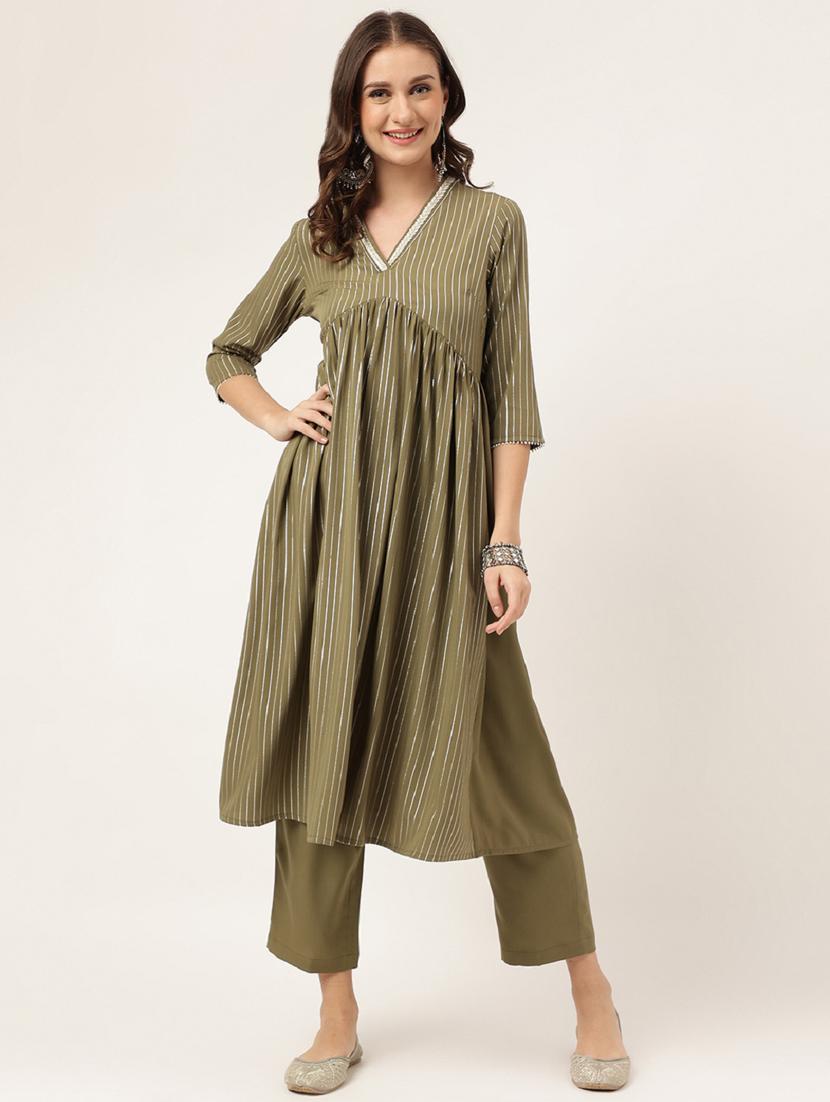 women olive v neck kurta pant set - 20895373 - Zoom Image - 0