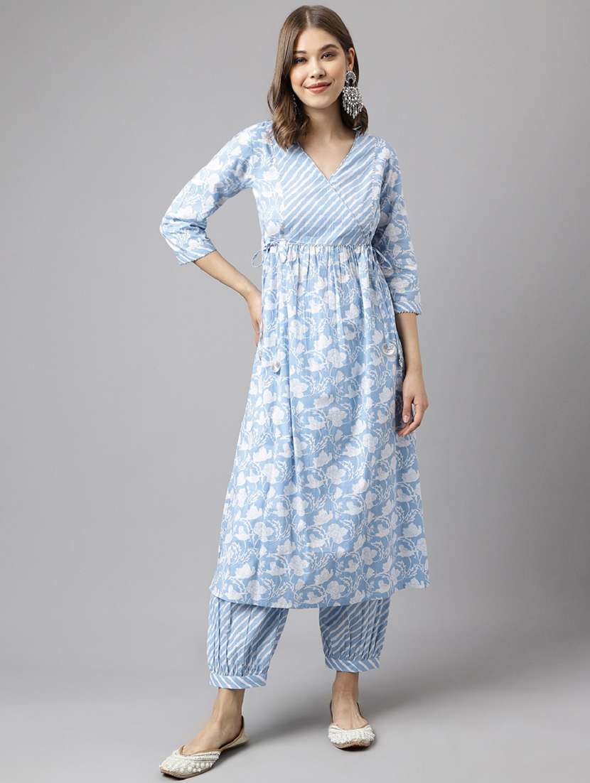 women light blue v neck kurta salwar set