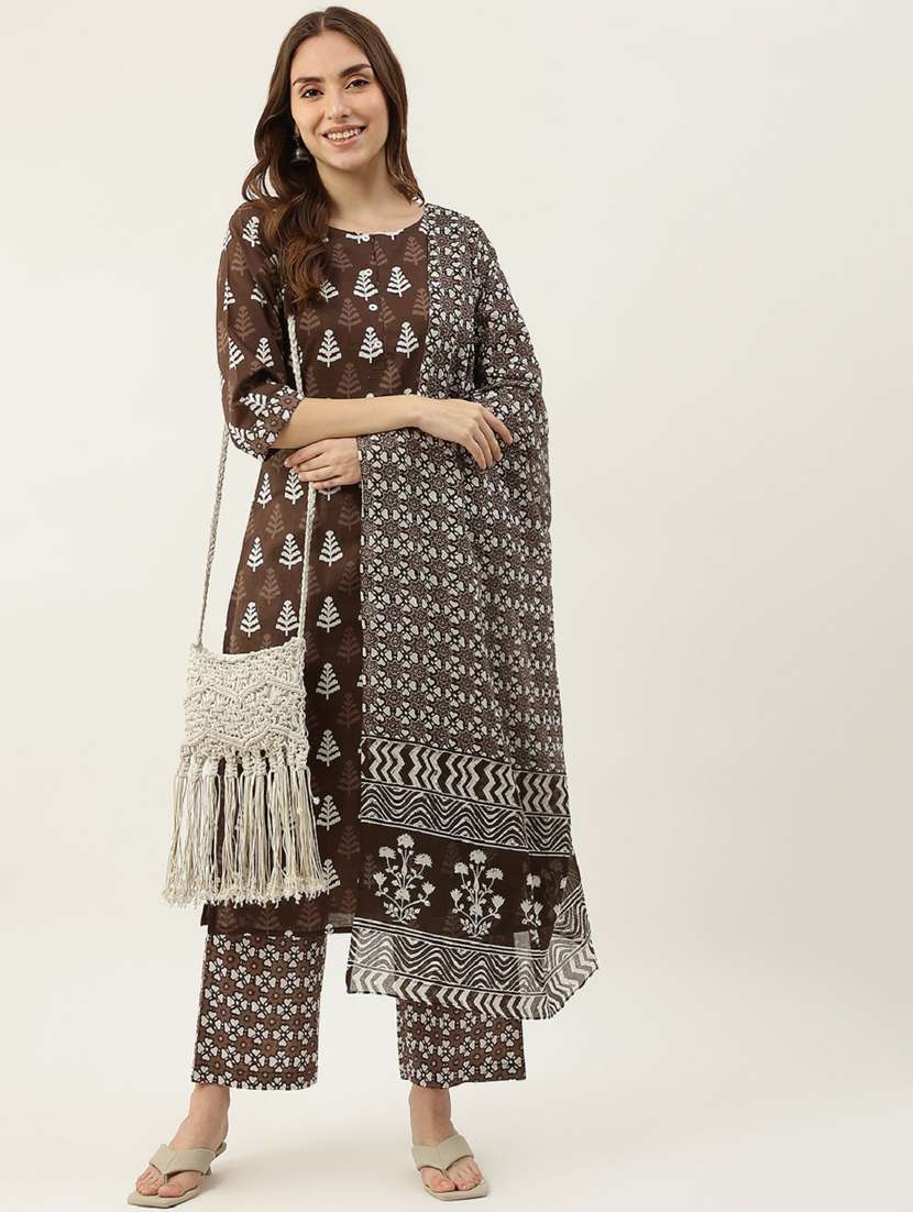 women brown round neck kurta palazzo set with dupatta